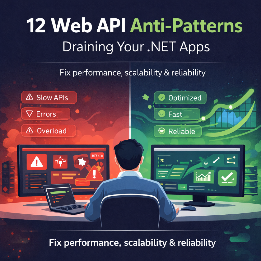 Visual guide comparing API optimization techniques versus common performance issues in .NET Web APIs, illustrating the impact of anti-patterns.