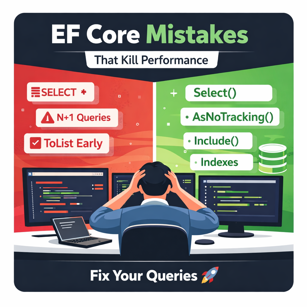 Comprehensive guide to fixing EF Core performance issues, outlining common mistakes like excessive data loading, change tracking overhead, and N+1 query problems.